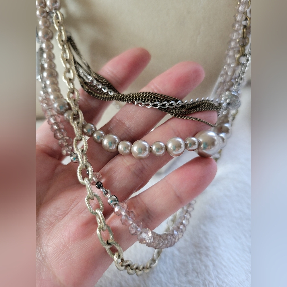 LOFT | Long Silver Tone Crystal Faux Pearl Layered Statement Necklace - Picture 7 of 13